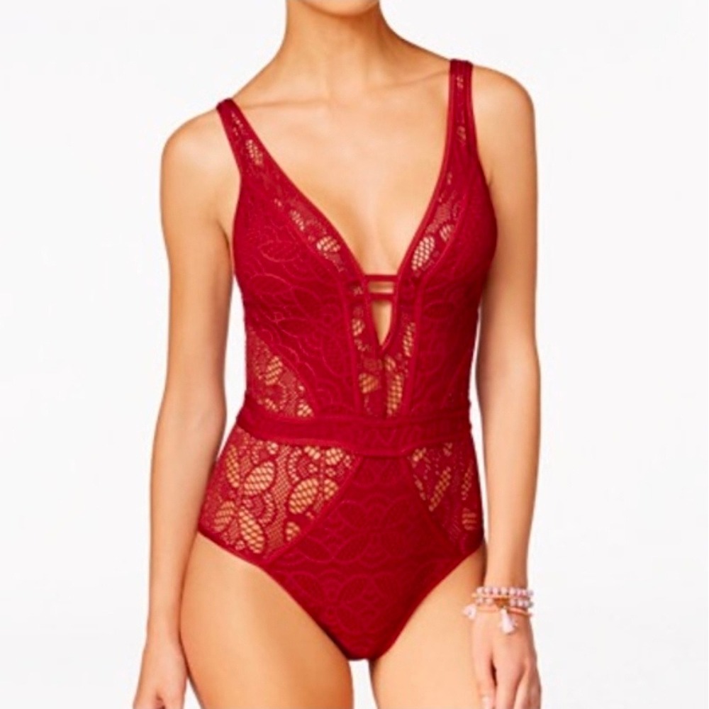 BECCA by Rebecca Virtue Red Crochet Lace One Piece Swimsuit Medium Open Back